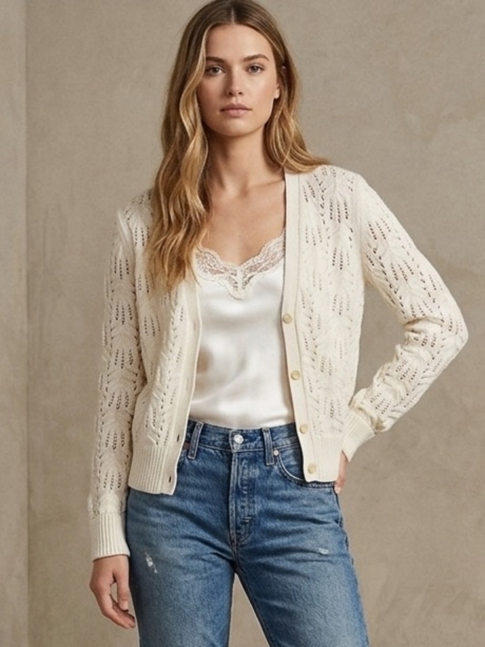 Polo by Ralph Lauren Women's Pointelle Wool Blend Cream Cardigan